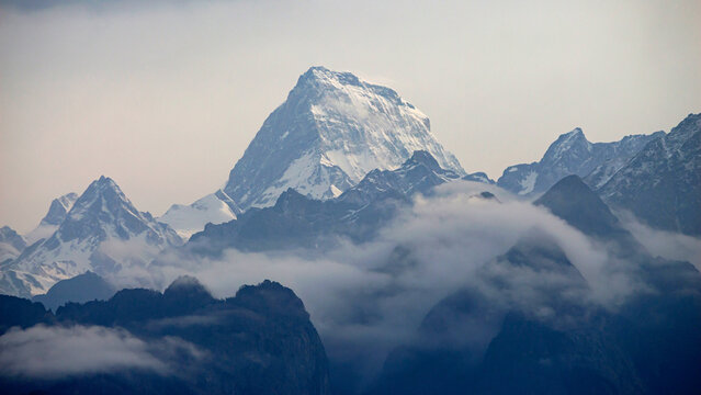 Panoramic snapshot of Hathi Parvat, viewed from Auli in Joshimath, Uttarakhand, India.