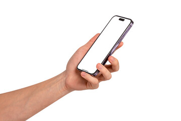 Front view of a hand holding a smartphone with a blank customizable screen isolated on transparent PNG.