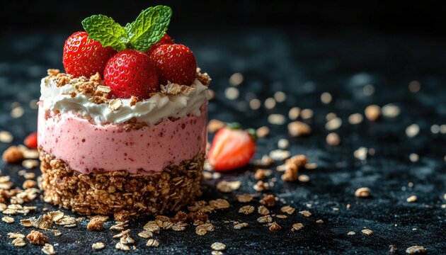 Delicious strawberry dessert with granola, cream, and mint on a dark background. Use this food image to enhance your recipe blog or cafe advertising.