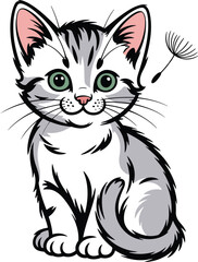 Cute Kitten Illustration: Adorable Domestic Cat with Big Eyes and Playful Expression