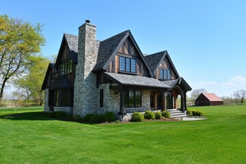 Obraz premium Beautiful countryside house with stone and wood exterior surrounded by green lawn under a clear blue sky during the daytime