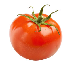 Single, ripe tomato, vibrant red, smooth skin, green stem and leaves