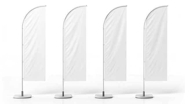 Four blank white feather flags on silver poles against a white background