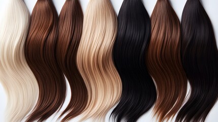 Hair samples of different hair colors for extensions on a white background. Hair extensions made from natural hair.