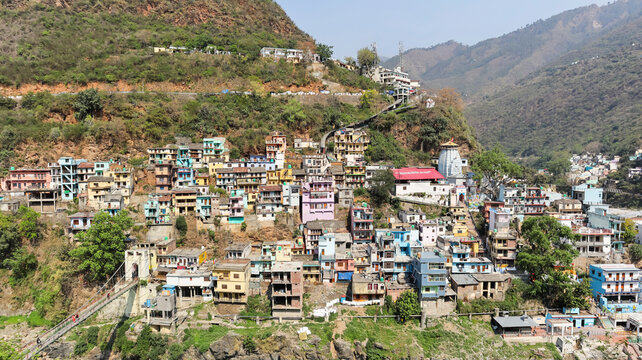 Spectacular panorama of Devprayag Town in Tehri Garhwal, Uttarakhand, India.