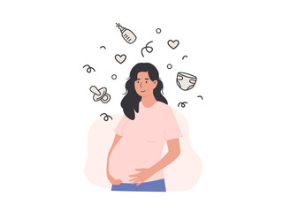 Happy pregnant woman preparing for baby with excitement. Essential newborn items. Baby registry shopping. Flat style vector illustration isolated on white background.
