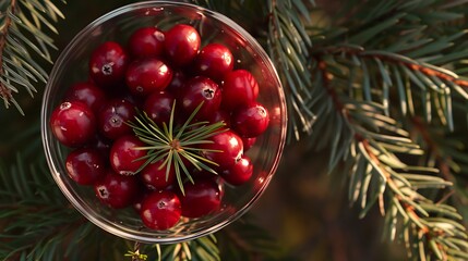 A collection of fresh cranberries arranged in a glass bowl with their vibrant red color and glossy texture set against a backdrop of pine needles