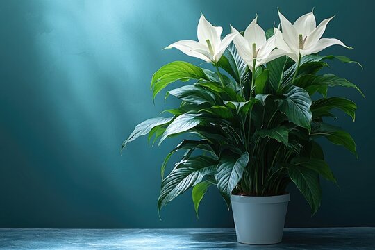Fototapeta Peace lily plant in a pot with white blooms against a teal textured wall. Use for health, nature or indoor plant decor themes with copy space.