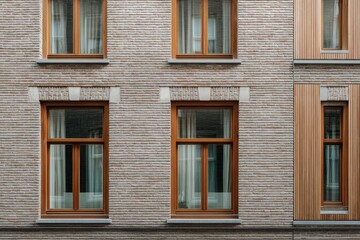 Fototapeta premium Modern architecture showcases wooden framed windows in a contemporary brick building in an urban setting during daylight hours