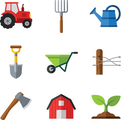 Vibrant farm icons capture rural life, from tractors to growing plants.