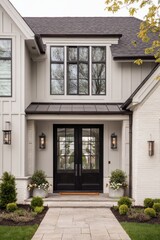Elegant modern home entrance featuring stylish doors, lush landscaping, and contemporary design elements during a clear daytime setting in a suburban neighborhood