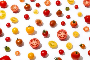 Colorful tomatoes on white surface overhead view