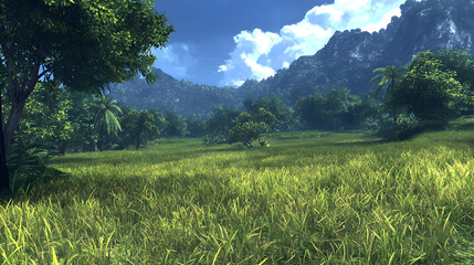 Lush meadow with towering trees and mountains under a bright sky.  A serene tropical landscape with tall grass and a variety of foliage