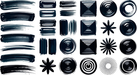 Collection of black brush strokes and shapes arranged on a white background in a grid pattern