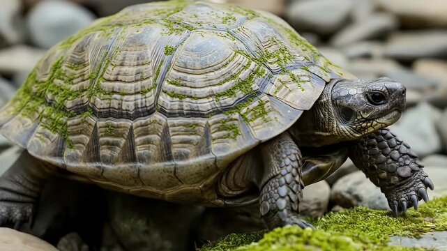 Turtle shell close up with green moss on smooth rock stones background