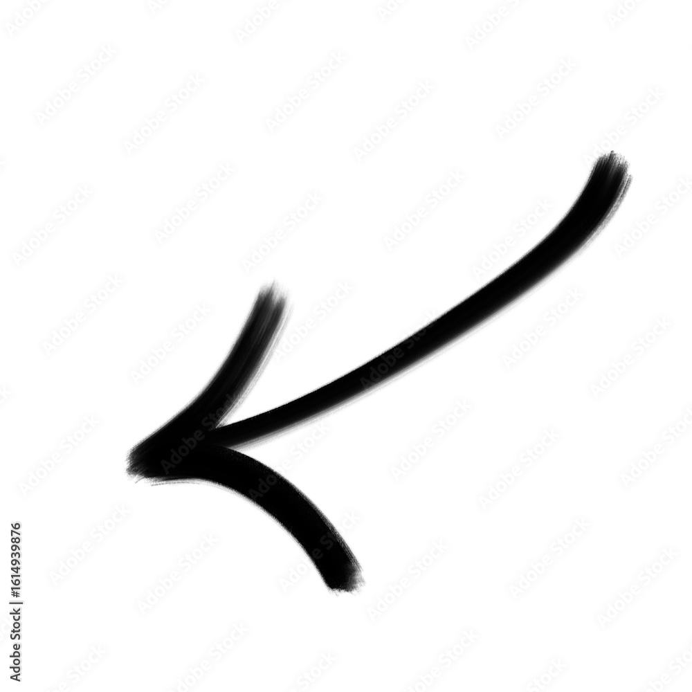 Poster expressive black arrow illustration in grungy brushstroke style pointing left direction on transpare