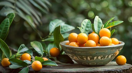 A collection of fresh kumquats arranged in a ceramic bowl with their bright orange skins and tangy flavor set against a backdrop of green foliage
