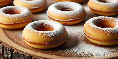 Golden-Brown Baked Donuts with Powdered Sugar on Wooden Platter in Cozy Setting

