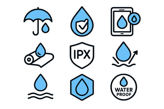 Blue and black waterproof icons set with droplet designs for protection and safety