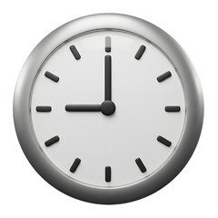 Transparent Background Silver Wall Clock, Glossy Metallic Frame with Black Hands, 3D Rendering