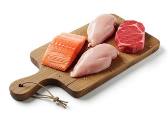 Fish mix, Raw Protein Selection on a Rustic Board.