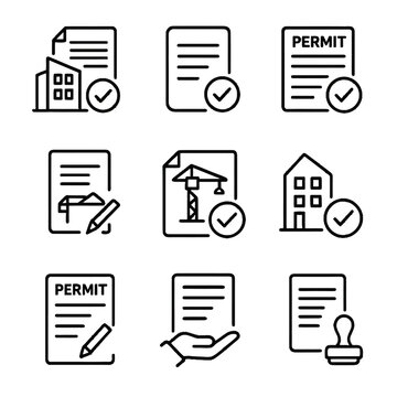 Building permit icons set featuring construction and architecture symbols in linear style