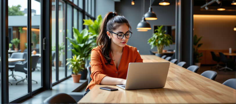 Focused female professional working on laptop modern office digital workspace bright environment side view productivity concept