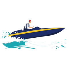 A vibrant illustration depicts a person confidently navigating a sleek speed boat across dynamic blue waters.