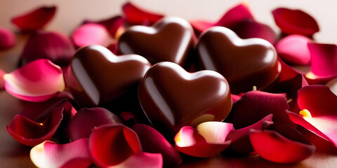 Heart-Shaped Chocolates Nestled in Red Rose Petals Evoking Romance and Sweetness

