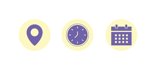 Location, clock and calendar icon set 