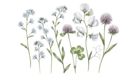 Elegant Watercolor Wildflowers: Forget-Me-Nots, Sweet Peas, Clover; Soft, Romantic Botanical Illustration.