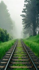 Fototapeta premium Train tracks disappearing into a misty forest landscape