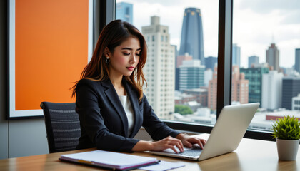 Businesswoman working on laptop in modern office with city view professional environment contemporary design