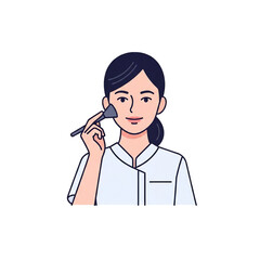 A professional woman with dark hair applies facial cosmetics using a soft brush, showcasing beauty care.