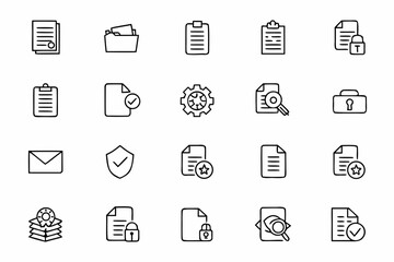 A practical line icon set highlighting document control and audit evidence. Designed for audit report templates, SaaS tools, data rooms, and compliance platforms