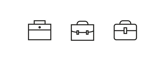 Three simple black line art briefcase icons varying in design with handles and closure details set against a white backdrop