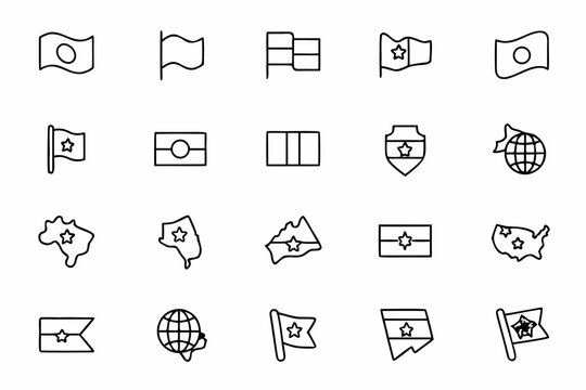A modern icon set featuring simplified country map outlines with small flag representations. Great for infographic designs, geography resources, and travel dashboards