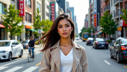 Young woman walking in city street urban lifestyle daylight modern environment dynamic viewpoint