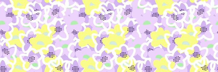 Seamless vector floral pattern with abstract hand drawn flowers in purple, violet and yellow on a lavender background. Overlapping outlines and dynamic composition create a playful, modern