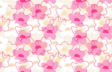 Seamless vector floral pattern with abstract pink and white flowers, centers, and delicate outlines on a light background. Modern, bold, and artistic, perfect for textiles, wallpapers, trendy designs