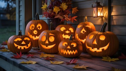Fototapeta premium An evil jack-o'-lantern carving with a scary face sits on a wooden fence, a classic decoration for the Halloween holiday in October