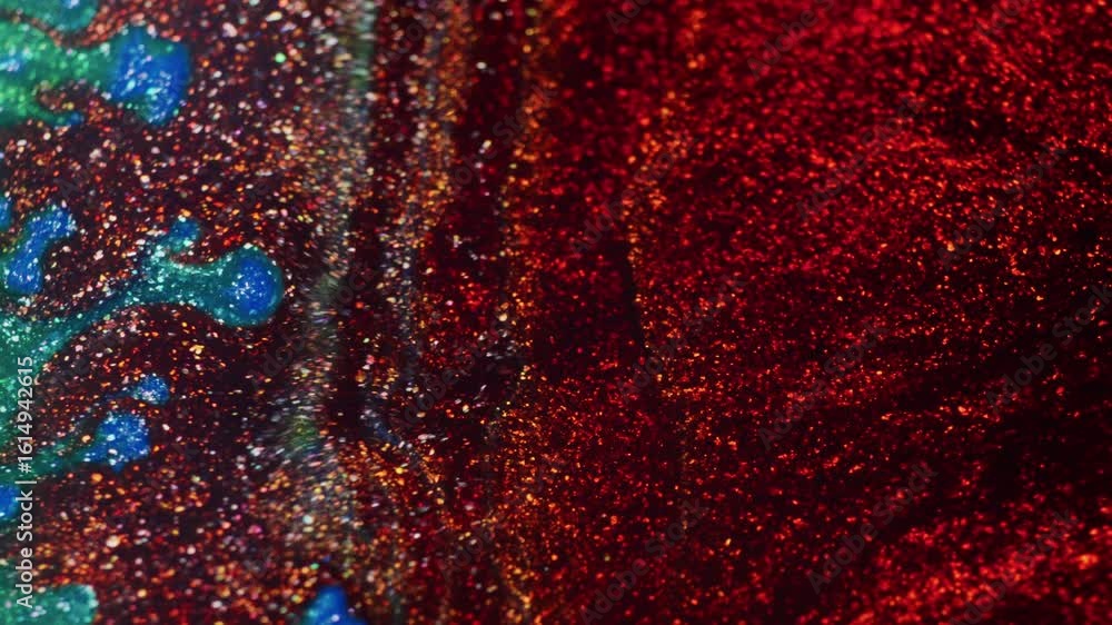 Poster macro view of shimmering green and blue ink as red ink is poured over it, creating a vivid and dynam