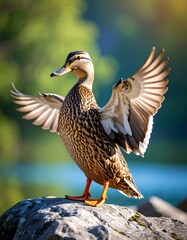 Obraz premium A duck with outstretched wings perched on a rock (1)