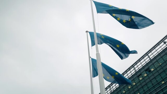 European Union Flags Fluttering Outside The European Parliament Building In Strasbourg, France. Low Angle Shot