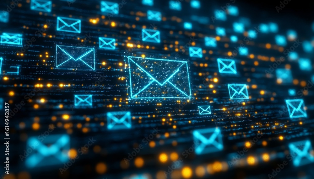 Poster futuristic digital envelopes in cyber space, symbolizing advanced data transfer and security.