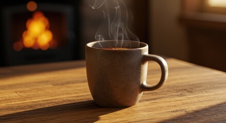 Warmth and Steam: A Rustic Mug of Coffee by a Cozy Fireplace
