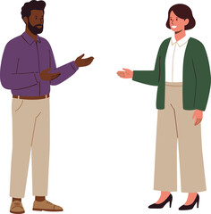 Business people talking, workplace communication, diverse team discussion, corporate meeting, colleagues conversation, office dialogue, professional interaction, teamwork illustration, flat vector.
