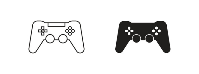 Two game controller icons one outlined and one solid black on a white background showing buttons and joysticks