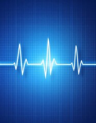 Glowing white heartbeat line on a gridded blue background