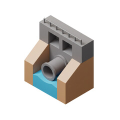 A stylized isometric illustration depicts a dam structure with a pipe outlet controlling water flow in a simplified geometric design.